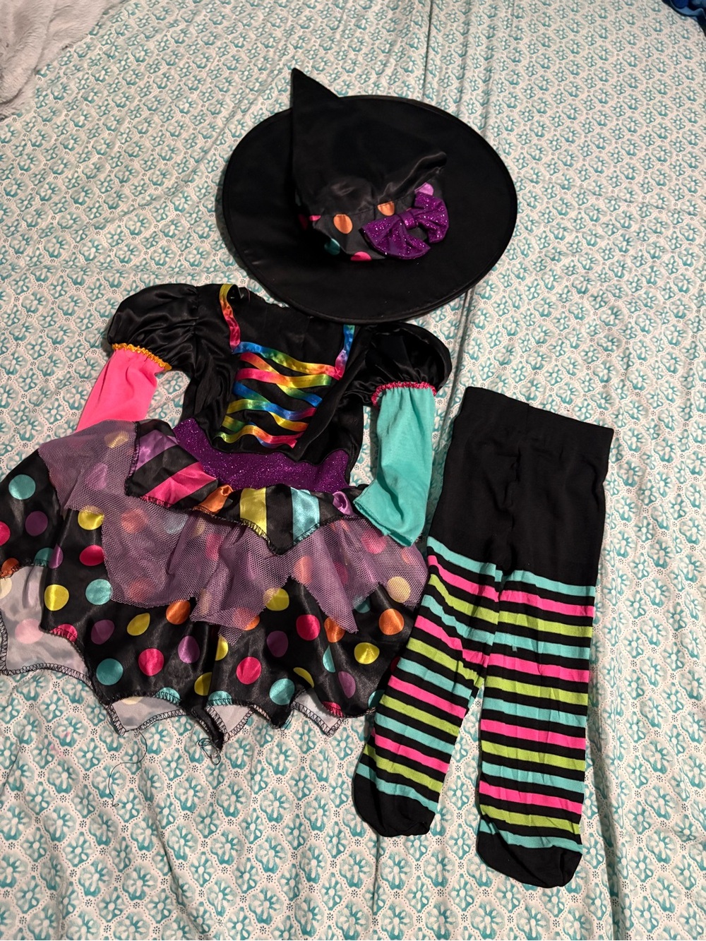 Black Witch Costume with Rainbow Polka and Striped Tights size 2t